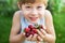 Child Hold Fresh Strawberry Seasonal Berry