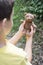 Child hold teddy in the hands