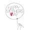 Child hold the thread of balloon with greeting text and heart sign. Vector illustration of outline sketch Mother`s day with hand-