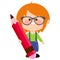 Child holding a big red pencil. Vector illustration