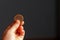 Child holding euro coin in his hand. Pocket money stock image. Poor low income group. Dark background. - Image. Close up