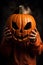 Child holding Jack O Lantern pumpkin. Happy Halloween. Trick or Treat. Ai Generative