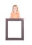 Child holding large blank frame