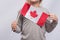 Child holds flag of Canada. Close up. Immigration to Canada. Education in Canada for children