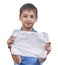 A child holds a sheet of crumpled paper in his hands mockup