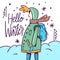 Child in a jacket with a backpack walks in winter. Cold Season. Hello Winter lettering. Character cartoon style.