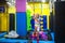 Child jumping in trampoline park. Bounce fun