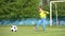 A child kicks a soccer ball on a football field in slow motion. Overall plan