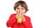 Child kid drinking orange juice healthy eating isolated on white