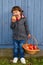 Child kid eating apple fruit full body outdoor autumn fall healthy