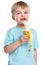 Child kid eating banana fruit healthy blond hair portrait format