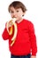 Child kid eating banana fruit healthy portrait format isolated o