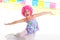 Child kid girl with party clown pink wig funny expression