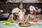Child kitchen girls cook apron cupcake cookies small funny three sisters cap cream cream decor