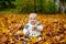 Child in knitted sweater sits among pumpkins in autumn park