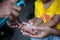 A child is learning how to clean hands with liquid cleaning gel.