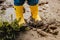 Child legs in yellow muddy rubber boots on wet mud.  Baby playing with dirt at rainy weather.