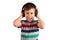 Child listens to his favorite music on headphones and dances to it , isolated on white background. Leisure, music and