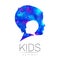 Child logotype in blue watercolor. Silhouette profile human head. Concept logo for people, children, autism, kids