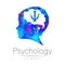 Child logotype in with brain and psychology sign in blue watercolor. Silhouette profile human head. Concept logo for