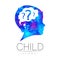 Child logotype with brain and question in blue watercolor. Silhouette profile human head. Concept logo for people