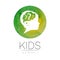 Child logotype with brain and question in green watercolor brush circle vector. Silhouette profile human head. Concept