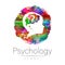 Child logotype with brain and question in rainbow watercolor brush circle. Silhouette profile human head. Concept logo