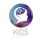 Child logotype with brain and question in violet watercolor brush circle vector. Silhouette profile human head. Concept