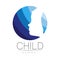 Child logotype in few blue circle colors, vector. Silhouette profile human head. Concept logo for people, children