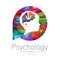 Child logotype with psychology sign in rainbow watercolor circle. Silhouette profile human head. Concept logo for people