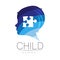 Child logotype with puzzle in few blue colors, vector. Silhouette profile human head. Concept logo for people, children