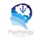 Child logotype in vector with brain and psychology sign in few blue colors. Silhouette profile human head. Concept logo