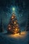 A child looks at a beautiful Christmas tree with a burning garland in the forest at night. Christmas night. Generative AI