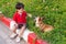 Child lovingly embraces his pet dog, a pembroke corgi