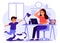 Child make noise and disturb mother work from home. Woman remote working from home with kid. Boy run and play with dog. Vector