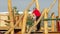 Child on monkey bars. Kid at school playground. Little boy hanging on gym activity center of preschool play ground