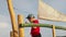 Child on monkey bars. Kid at school playground. Little boy hanging on gym activity center of preschool play ground