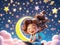 child and the moon, happy brown haired female writer, maroon overalls, work on her laptop, generative AI