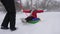 Child and mother sledding in snow. Daughter and mom play in the winter park on Christmas holidays. family winter