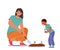 Child with Mother or Teacher Doing Gardening Works at House Yard, Preschool or Kindergarten. Kid and Adult Planting