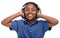 Child, music and smile with portrait and headphones with audio in a studio. Happy, fun listening and streaming radio of