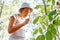 child naturalist botanist with a magnifying glass is surprised and shocked explores the tree bark