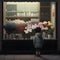 Child observes a shop window of a florist with a view of the pretty and colorful vases with flowers