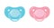 Child pacifier. Baby nipple set, blue and pink. Baby care equipment.