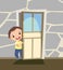 Child peek in the door. Opened the entrance. Funny boy kid. View from inside the room. Cartoon style. Flat design