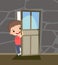 Child peek in the door. Opened the entrance. Funny boy kid. View from inside the room. Cartoon style. Flat design