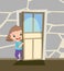 Child peek in the door. Opened the entrance. Funny girl kid. View from inside the room. Cartoon style. Flat design