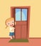Child peek in the door. Opened the entrance. Funny girl kid. View from inside the room. Cartoon style. Flat design
