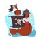Child pirate sailing on pirate schooner, flat vector illustration isolated.