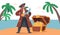 Child Pirate Wear Corsair Suit, Eye Patch and Saber on Secret Island, Funny Kid Rover Character with Parrot on Shoulder